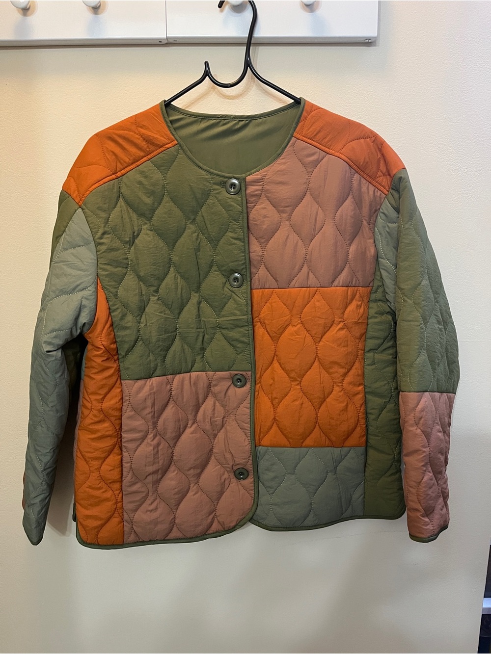 Amazon Colorblock Quilted Utility Jacket — Olive, Rust Orange & Mauve